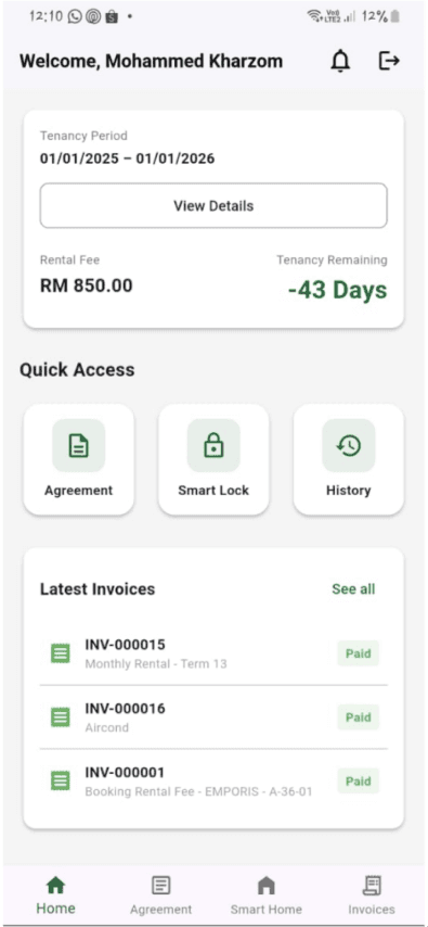 MyHomie dashboard screen